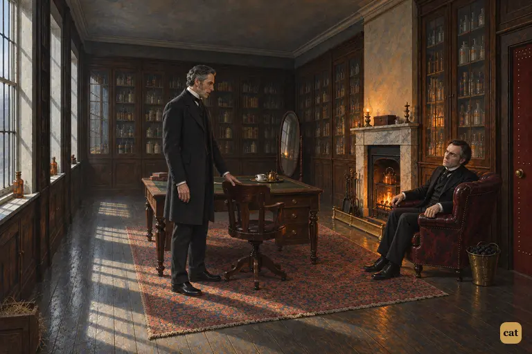 In the dim cabinet, Utterson questions a deathly pale Jekyll sunk by the fire