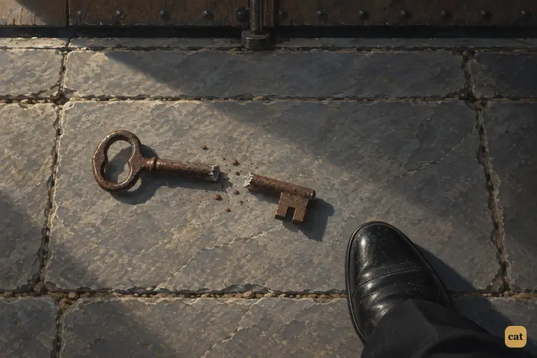 A rusty key lies snapped in two on the stone flags by the locked door to the by-street.