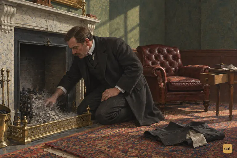 Inspector Newcomen kneels at Hyde's cold hearth and sifts the ashes of papers
