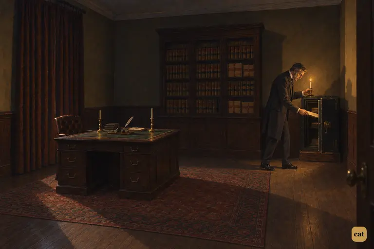 Mr. Utterson breaks his Sunday habit and goes alone with a candle into his dark business room.