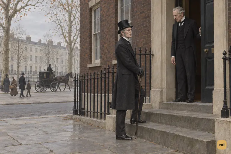 Utterson stands below Poole at Jekyll's front door and listens to his gloomy report