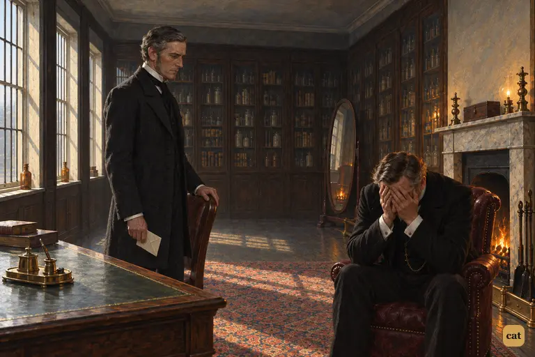 Jekyll bends forward in the red armchair by the fire with his face buried in his hands.