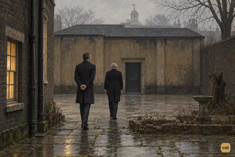 Poole leads Utterson across the foggy yard toward Jekyll's windowless laboratory