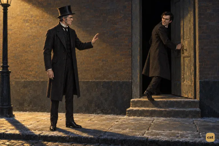 Mr. Hyde gives a savage laugh and slips through the old blistered door into the dark.