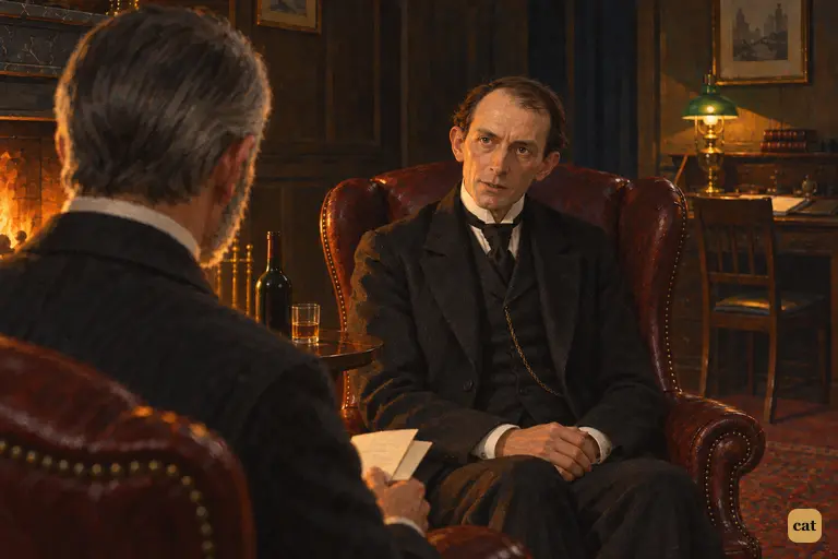 By the low fire, Guest nods discreetly as Utterson grips the two folded sheets