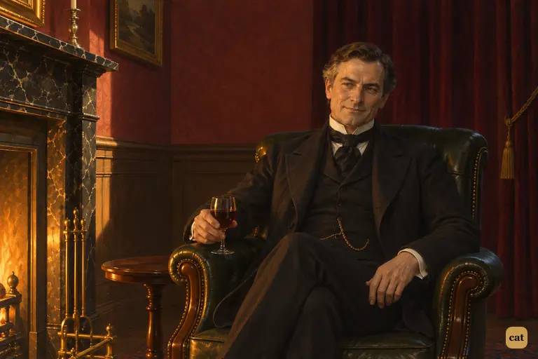 Dr. Jekyll sits back in his green leather armchair in the firelight after dinner