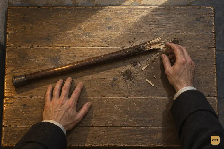 The inspector lays half of a splintered dark cane on the police cell's table