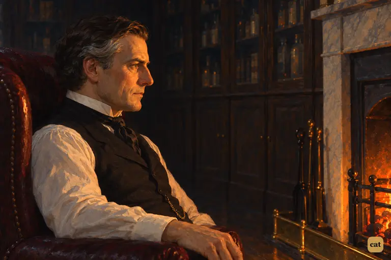 Jekyll sits alone by his cabinet fire, his face half lit by the coals, half in darkness