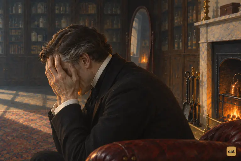 Jekyll bends forward in his armchair by the fire and hides his face in his hands
