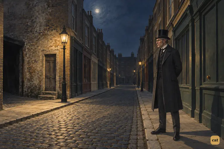 Utterson stands alone at night on the by-street across from the blistered door.