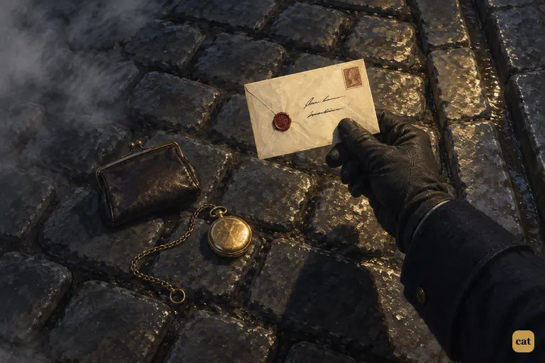 Under a constable's lantern, a sealed envelope is lifted from the wet cobbles