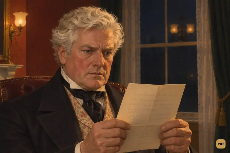 Under hard gaslight, Dr Lanyon reads the last line of the postscript to Jekyll's letter