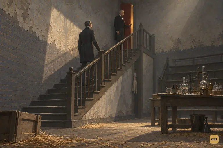 Mr. Utterson stops on the stair below the red-baize door of the dissecting theatre