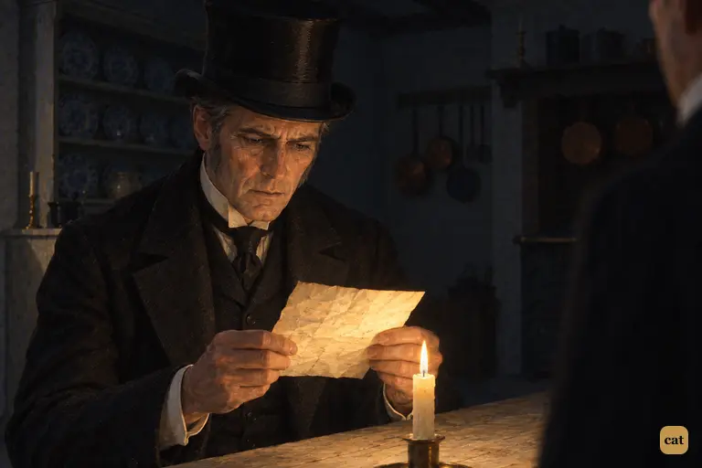 In the cold kitchen, Utterson bends to Poole's candle to study the crumpled note