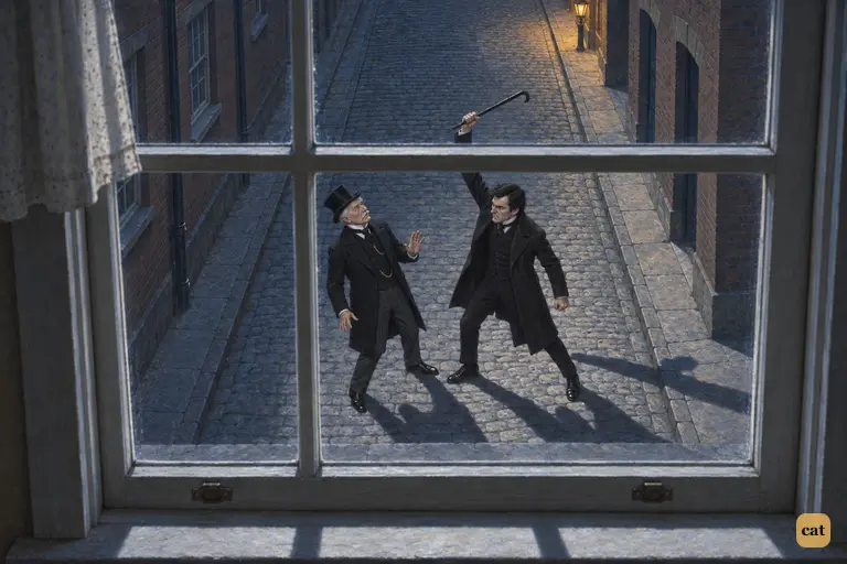Mr. Hyde's heavy cane swings high above the surprised old gentleman in the lane
