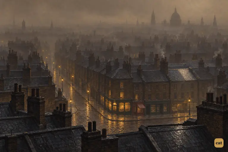 Soho seen from high above at nine in the morning, sinking into a thick umber fog.