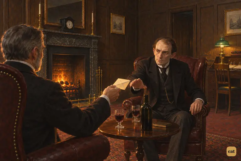 Utterson holds out Hyde's letter and Mr. Guest leans forward to take it
