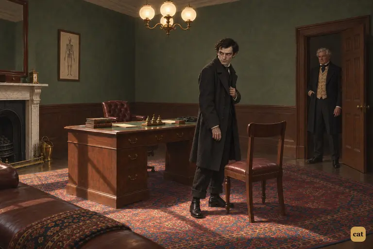 In Lanyon's gaslit consulting room, the small midnight visitor is swamped in rich clothes