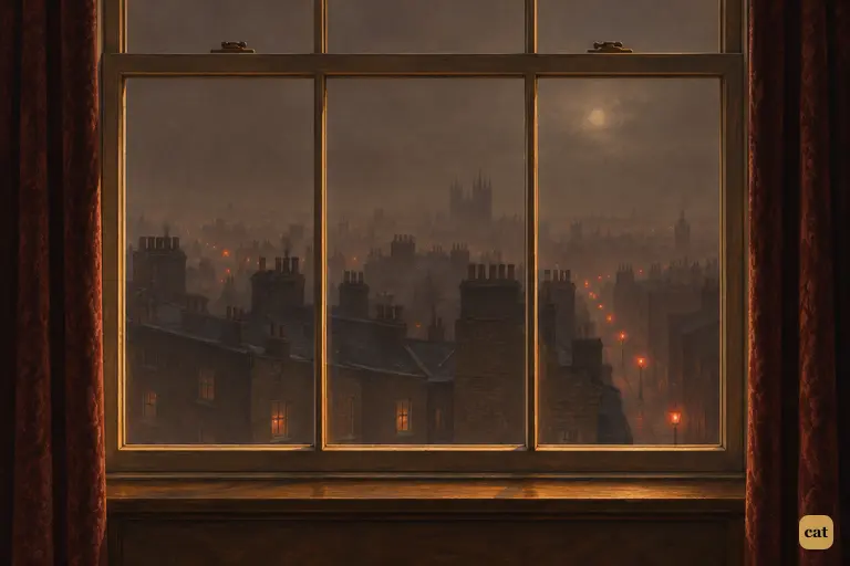 From a window in Mr. Utterson's firelit room, London lies drowned under a sleeping brown fog.