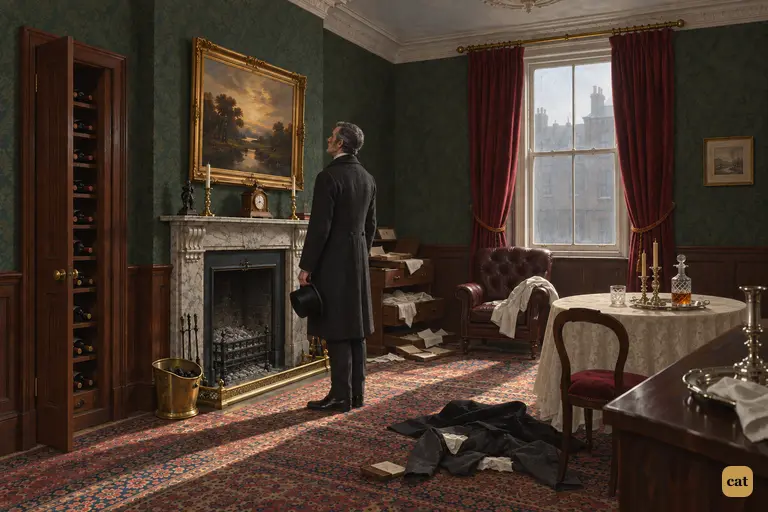 Utterson looks up at a gilt-framed landscape in Hyde's ransacked sitting room