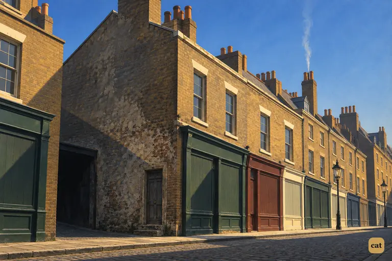 Seen from the far footway, the blind gable above the shut door rises into a clear Sunday sky.