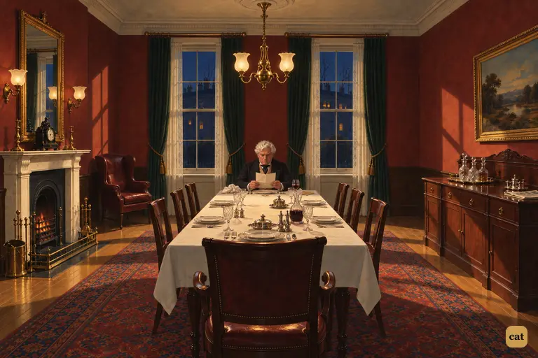 Dr Lanyon sits alone at his long dining table, reading Jekyll's strange registered letter