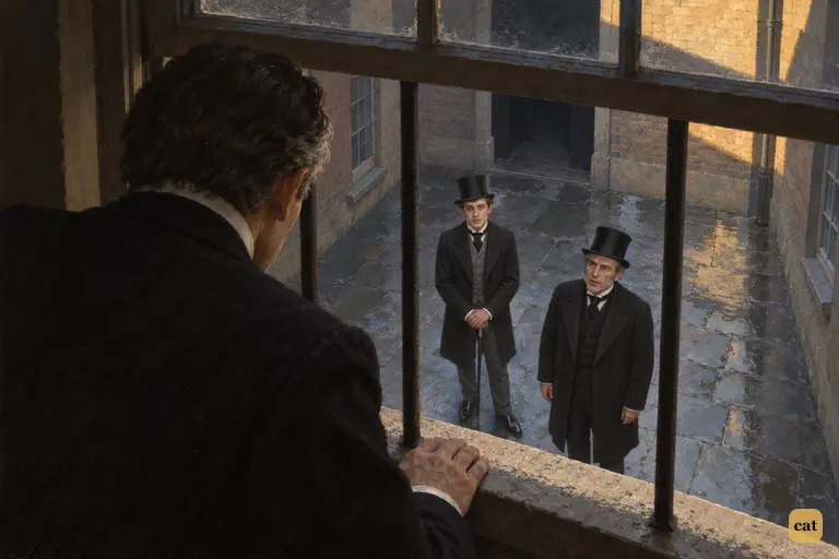 Jekyll sits at his barred window above the dim court and sadly turns down the walk