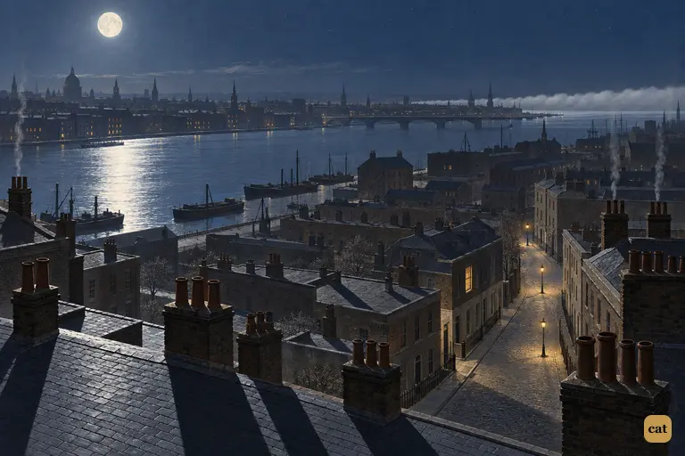 Riverside London lies calm and silver under a full October moon