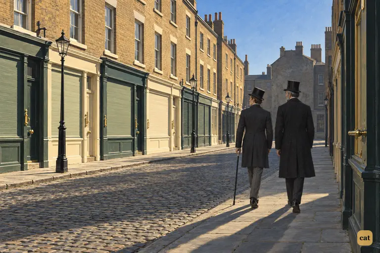 Utterson and Enfield walk silently down a by-street of polished brasses in a dingy quarter