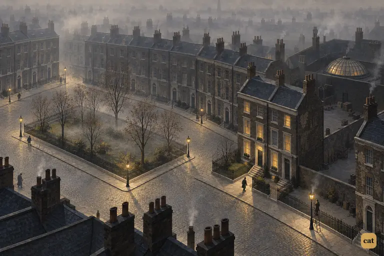 Fog closes over a shabby square where one well-kept corner house still glows