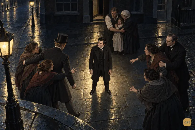 At a lamplit corner, a ring of furious people closes around one small man