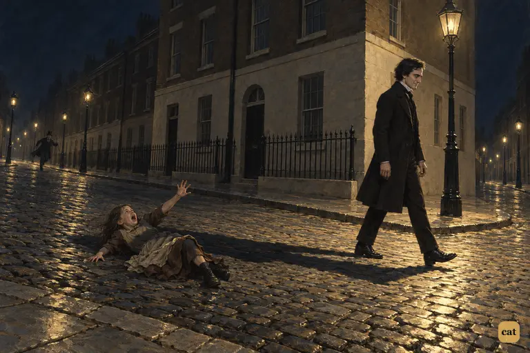 A little man walks steadily on, leaving the girl he trampled screaming on the cobbles
