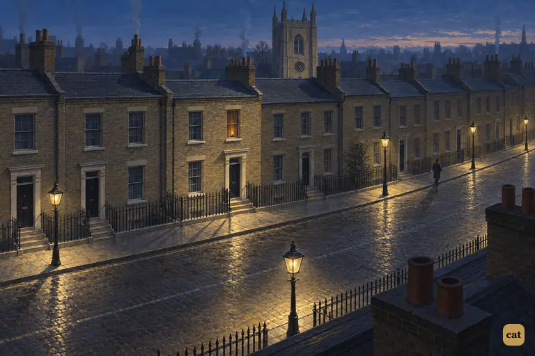 It is Sunday dusk over Gaunt Street, seen from above the roofs.
