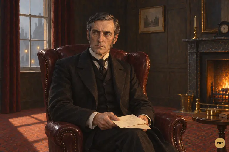 Utterson sits in the wing chair with the letter and Jekyll's note on his knee