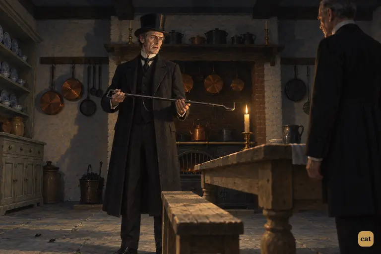 Mr. Utterson weighs the heavy kitchen poker in the cold, dark kitchen and looks up at Poole.