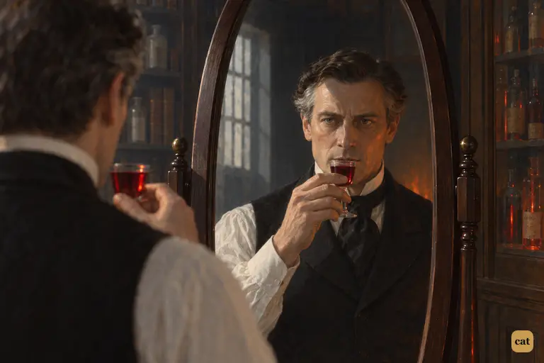 After two months of self-denial, Jekyll raises the red draught before the cheval-glass