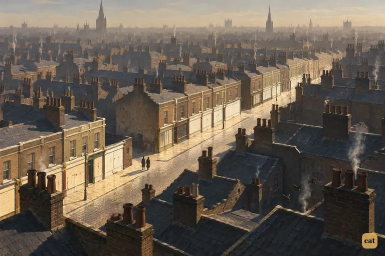 From high above London's soot-dark roofs, one clean shopping street shines on a Sunday