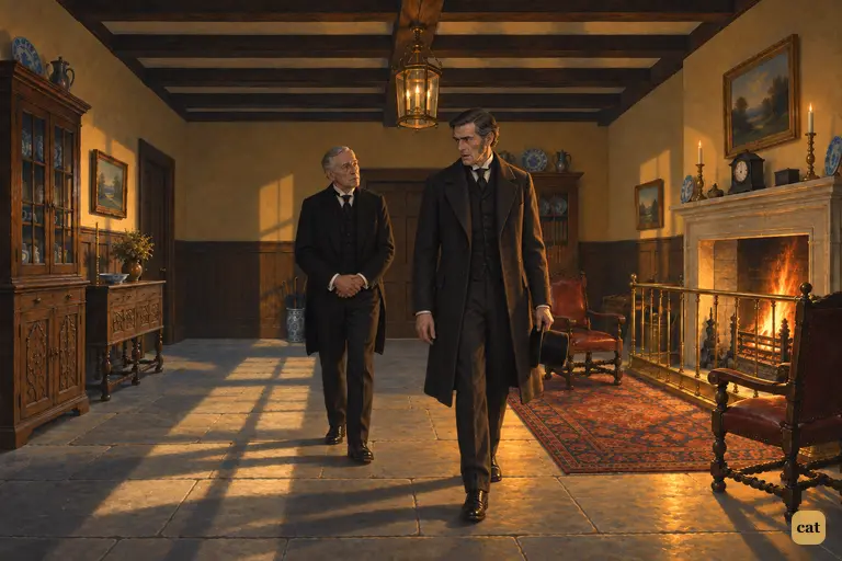Mr. Utterson takes grave leave of the butler in Jekyll's firelit hall, still uneasy