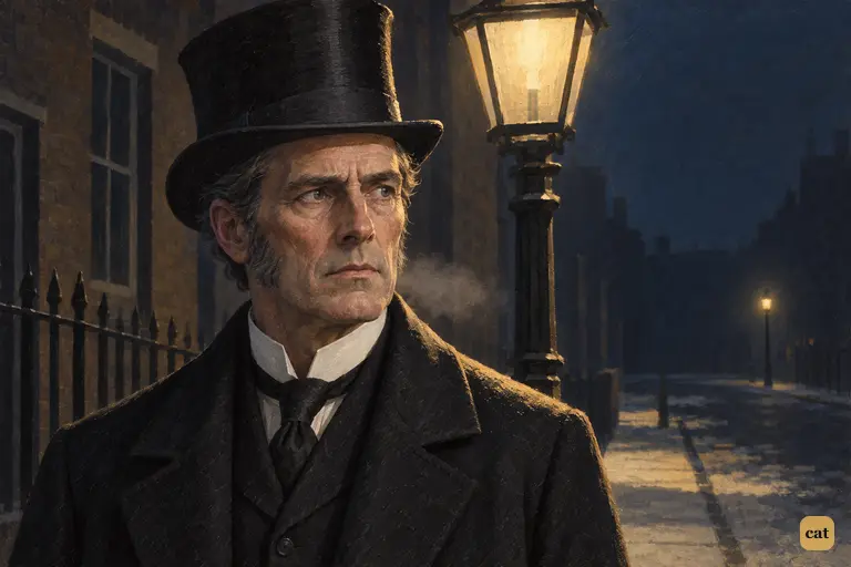 Utterson stops under a gas lamp on the frosty walk home.