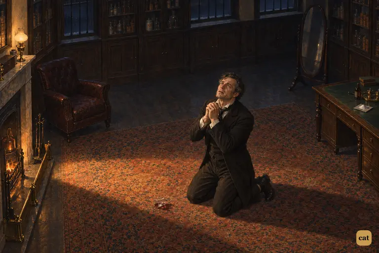Henry Jekyll has just changed back from Hyde.