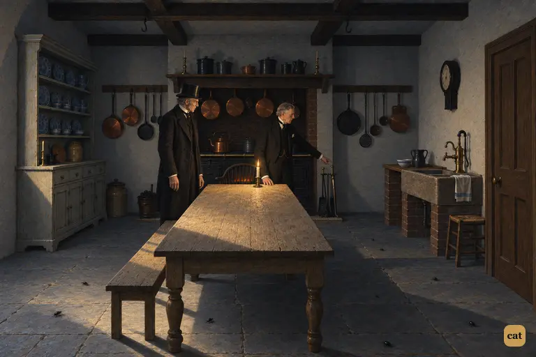 In the cold kitchen, the butler points to the poker by the dead grate as the lawyer looks