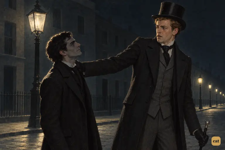 At three on a winter morning, Enfield holds the little man by the collar under a gas lamp