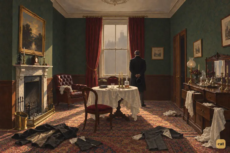 Utterson stands alone at the fog-filled window of Hyde's ransacked rooms.