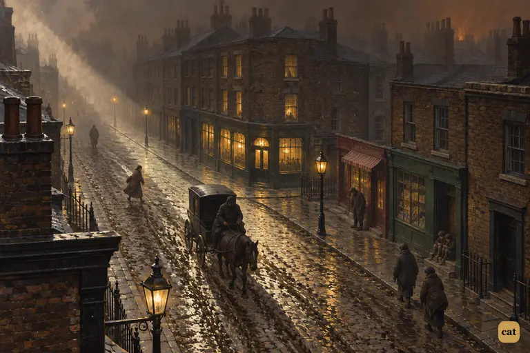 A small cab crawls through a muddy Soho street under chocolate-brown fog
