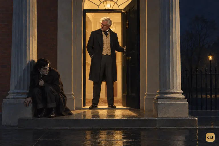 At midnight, Lanyon opens his door, hand on his revolver, to a tiny figure by the pillar