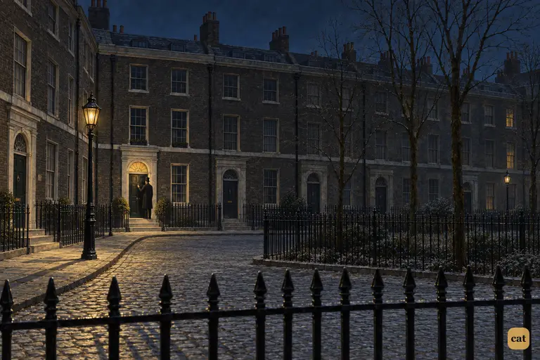 On a frosty night, Mr. Utterson comes round the corner into a square of shabby old houses.
