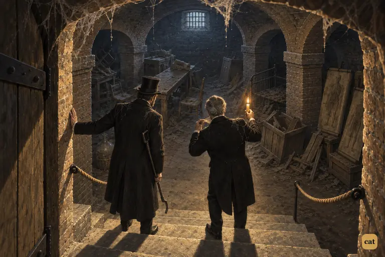 Utterson and Poole stand at the top of the cellar steps as a mat of old cobweb falls from the arch.