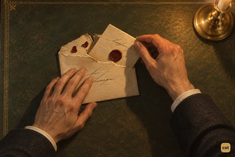 By a melancholy candle, Utterson's hands freeze over the broken seal of Lanyon's envelope