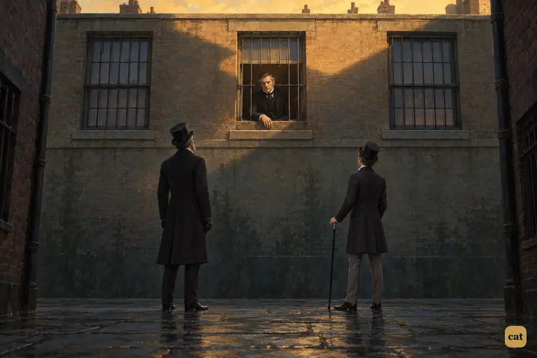 Utterson and Enfield stand in the damp, dusky court and look up at the half-open middle window.