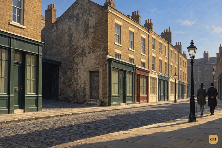 On a bright Sunday by-street, a windowless, neglected gable sticks out between cheerful shop fronts.